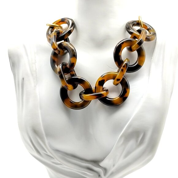 J. Crew Tortoise Shell Chain Link Statement Necklace Gold Tone Chunky - Picture 4 of 11